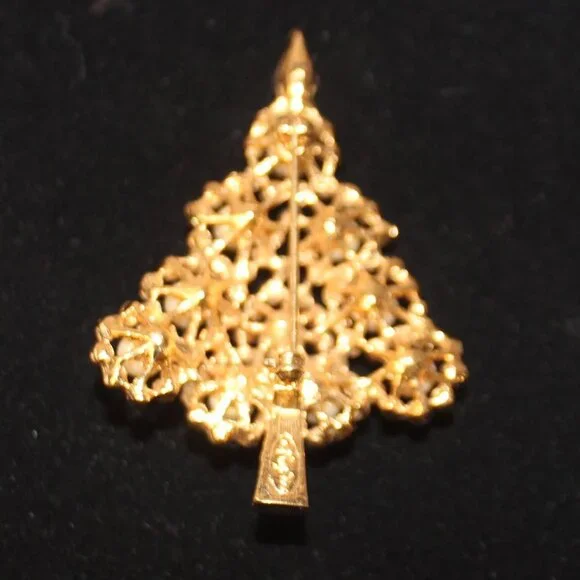 Napier Pearl and Crystal and Golden Christmas Tree Brooch - Picture 3 of 8
